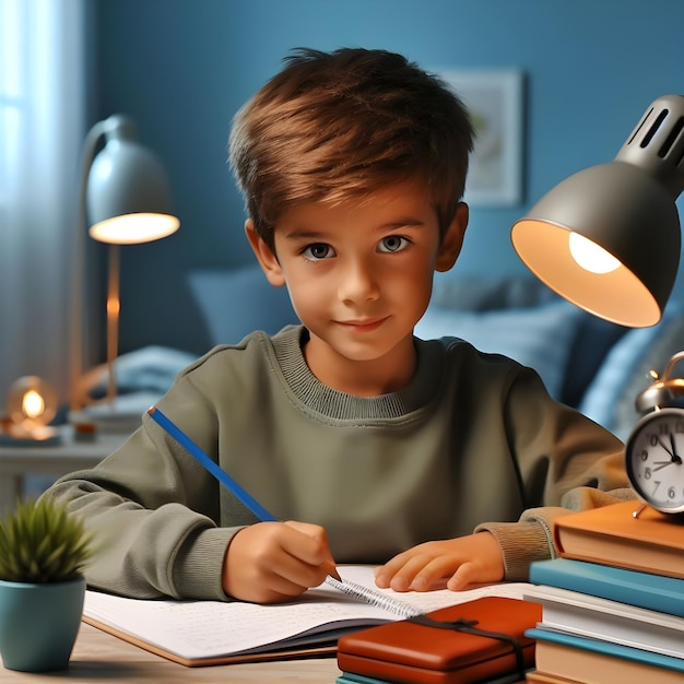 Photo young boy focused on homework at a wooden desk during afternoon study time