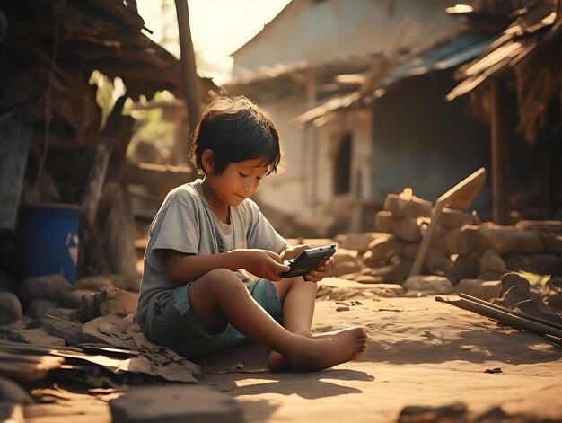 A Young Boy Gaming on a Battered Ps Vita Tongue Out Focused Slum Kid Photoshoot Concept Ideas
