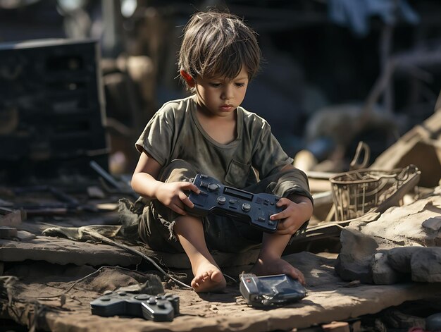 A Young Boy Gaming on a Battered Ps Vita Tongue Out Focused Slum Kid Photoshoot Concept Ideas