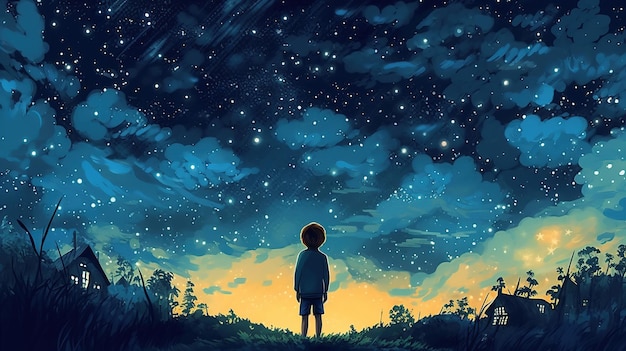 A young boy gazing at the starry night sky