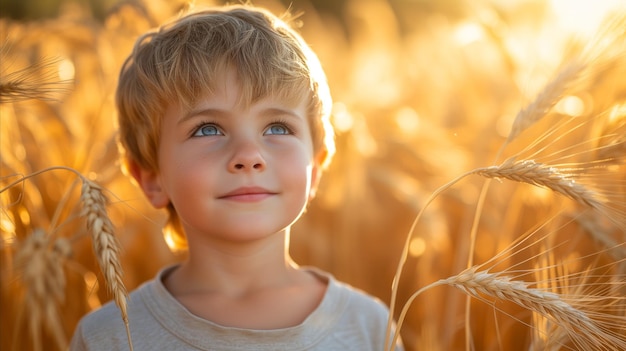 Young Boy Gazing Upward in Golden Wheat Field at Sunset