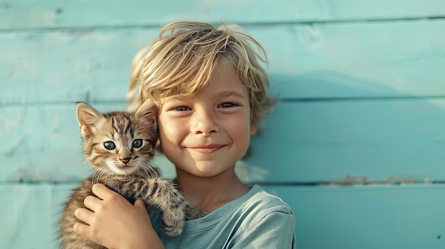 A young boy gently holding a playful kitten