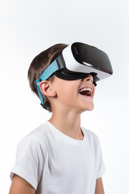 Foto ragazzo che fa esperienza con occhiali vr isolati su uno sfondo bianco