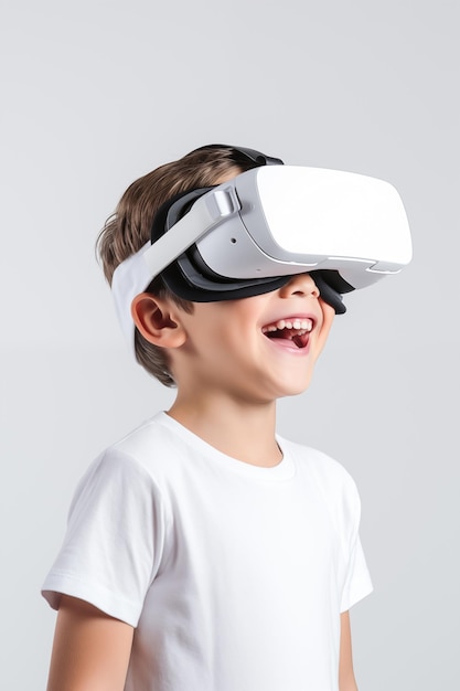 Foto ragazzo che fa esperienza con occhiali vr isolati su uno sfondo bianco