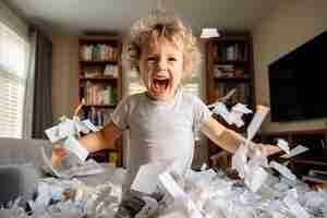 Photo young boy getting into mischief at home breaking papers with a temper