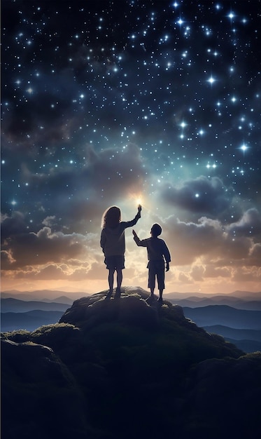 a young boy and girl holding hands reaching for the stars generated by AI