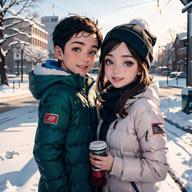 Young boy and girl standing in the street