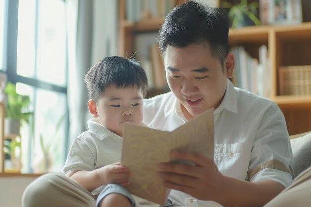 Young boy gives DIY Fathers Day card to dad