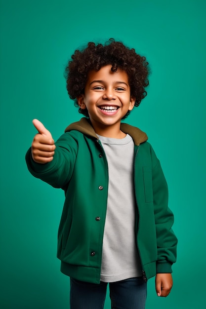 Young boy giving thumbs up sign with his hand Generative AI