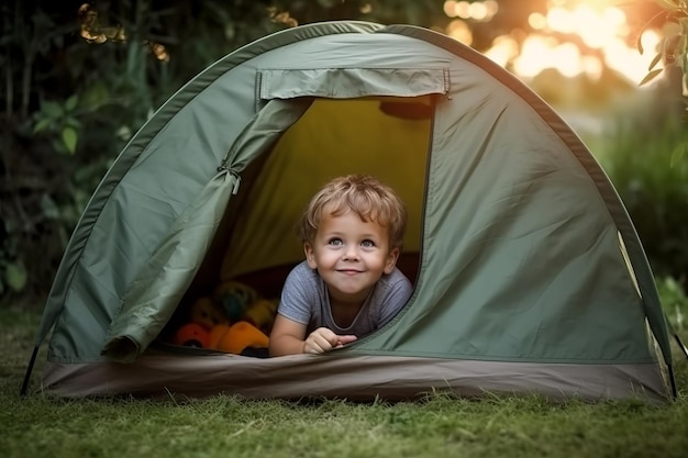 A young boy in a green tent looks out at the sunset