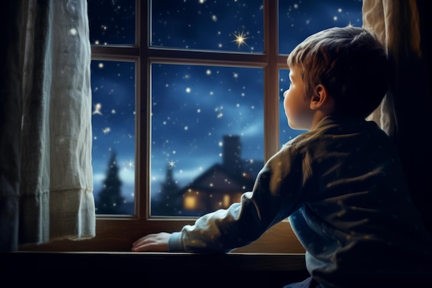 A young boy in his cozy winter pajamas standing by the window gazing at the starry night sky