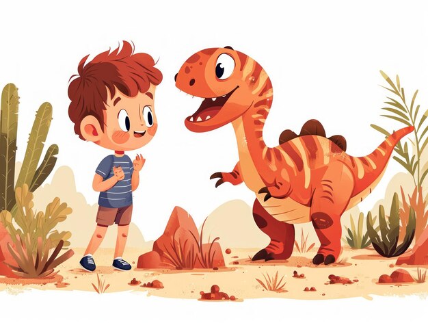 Photo a young boy and his pet dinosaur finding a fossil in a desert ai generated