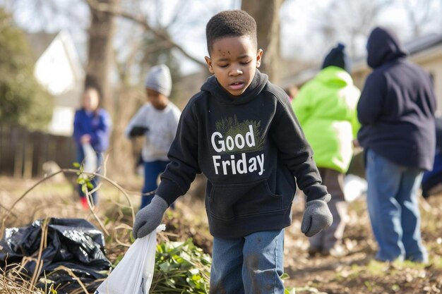 Photo a young boy holding a bag of garbage