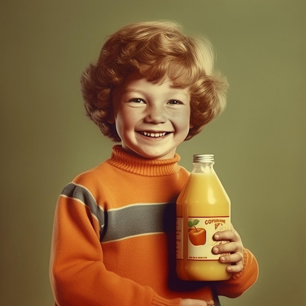 a young boy holding a bottle of orange juice.