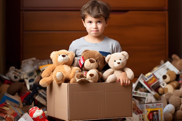 A young boy holding a box full of teddy bears Generative AI