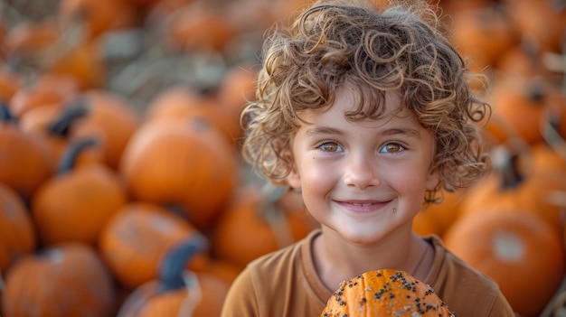 Young Boy Holding Donut by Pumpkins