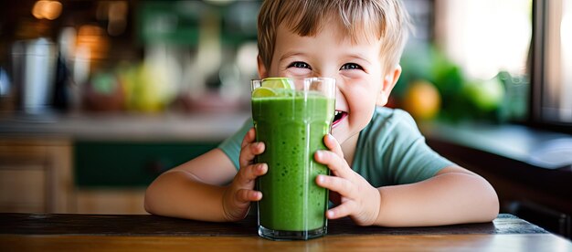 Young boy holding green smoothie