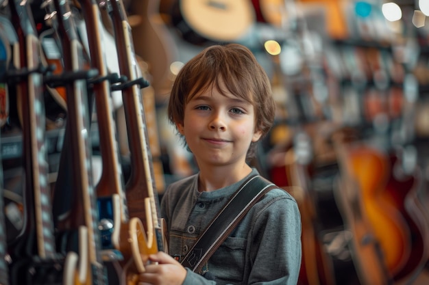 Young Boy Holding Guitar in Store