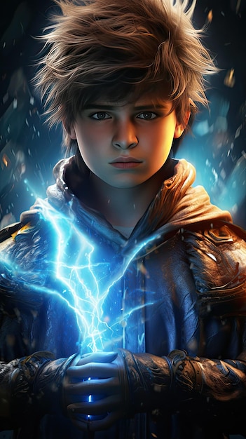 A young boy holding a lightning bolt in his hand