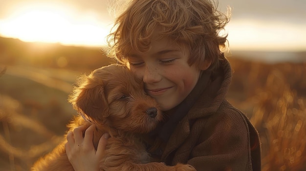 Photo young boy holding puppy in field