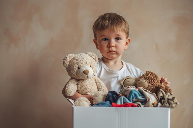 ぬいぐるみを抱いた少年がおもちゃの動物に囲まれています