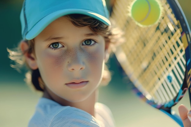 Photo a young boy holding a tennis racket and a tennis ball perfect for sportsrelated projects or illustrating the joy of playing tennis