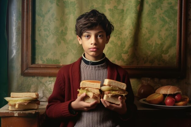 A Young Boy Holding Two Sandwiches