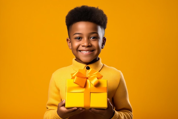 Young boy holding yellow gift box with bow on it Generative AI