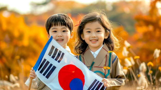 少年が韓国国旗を掲げている