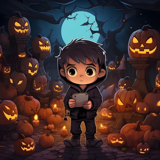 Иллюстрация мальчика в забавном посте в социальных сетях к вечеринке в честь Хэллоуина
