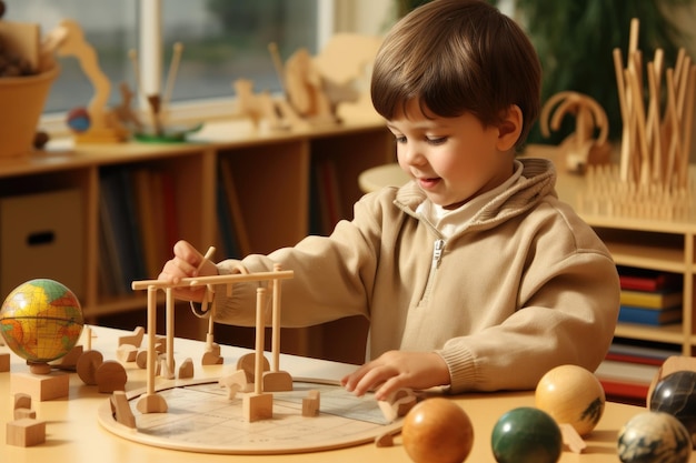 A young boy immerses himself in play surrounded by wooden toys in the comfort of a room A visual representation of Montessori education AI Generated