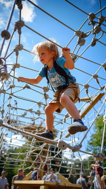 a young boy is climbing on a rope course