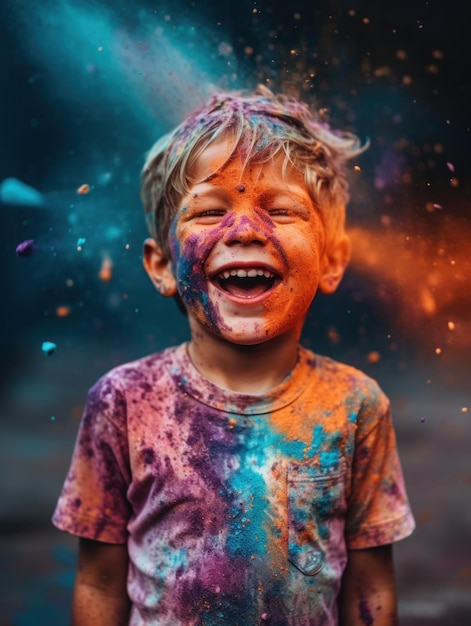 A young boy is covered in colored powder Generative AI image