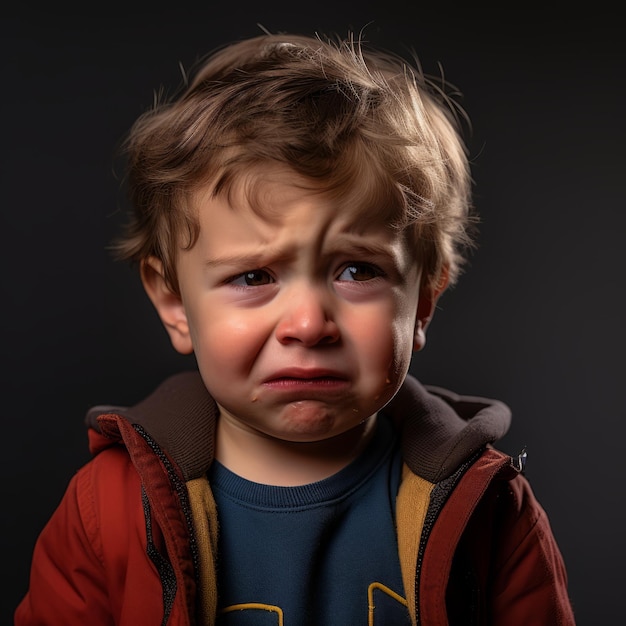 a young boy is crying in front of a black background