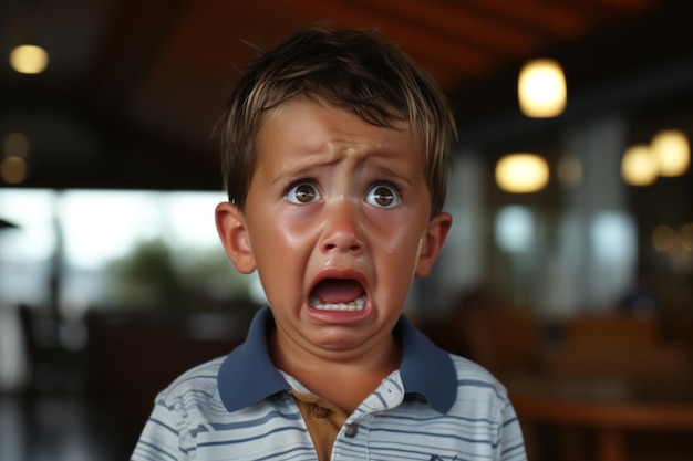 Foto a young boy is crying in a restaurant