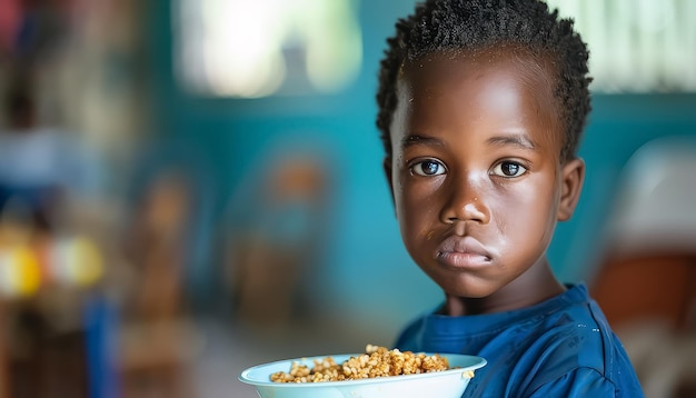 Photo a young boy is holding a bowl of food