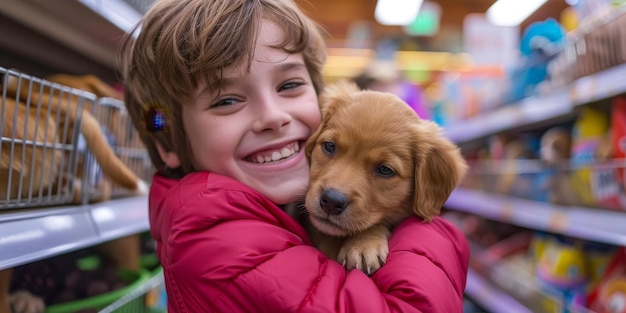 A young boy is holding a small dog in a store