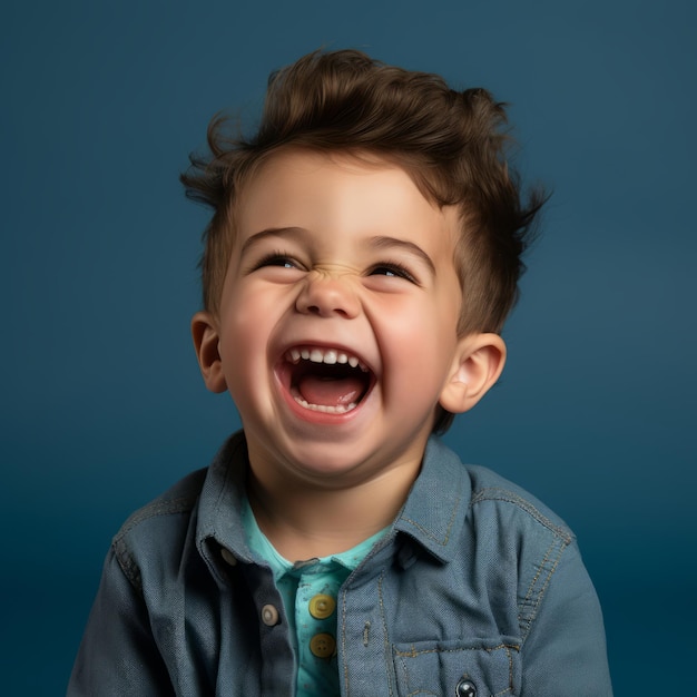 a young boy is laughing in front of a blue background