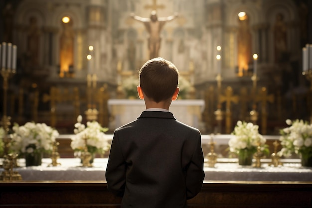 a young boy is looking the body of Christ at a church