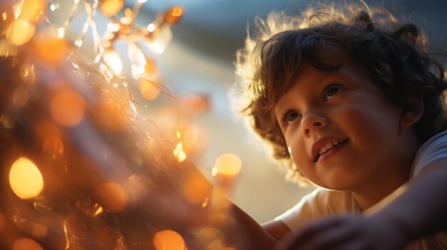 A young boy is looking at a christmas tree ai