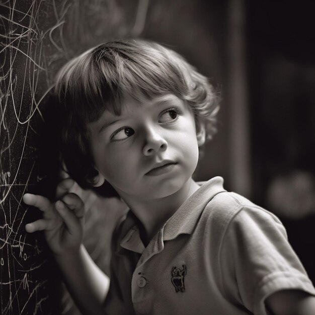 A young boy is looking at a dirty net that has the word " on it ".