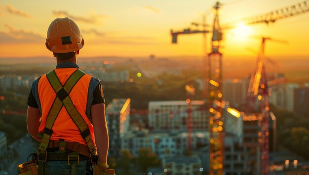 Photo a young boy is looking out over a city at sunset