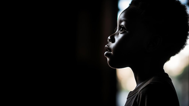 a young boy is looking out a window