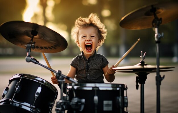 a young boy is playing drums in a rock concert