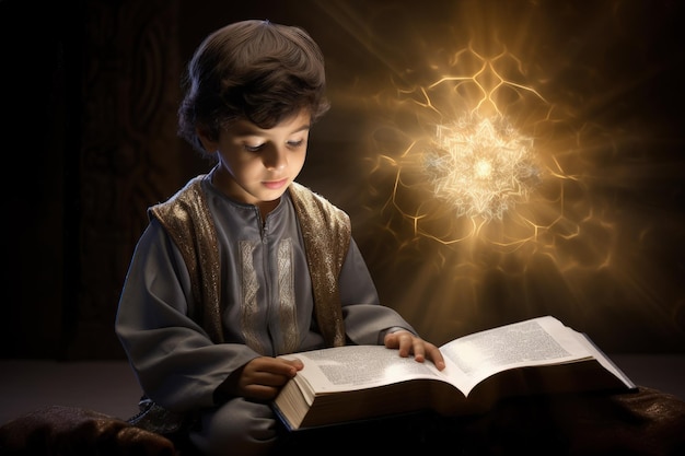 A young boy is reading a book in the dark