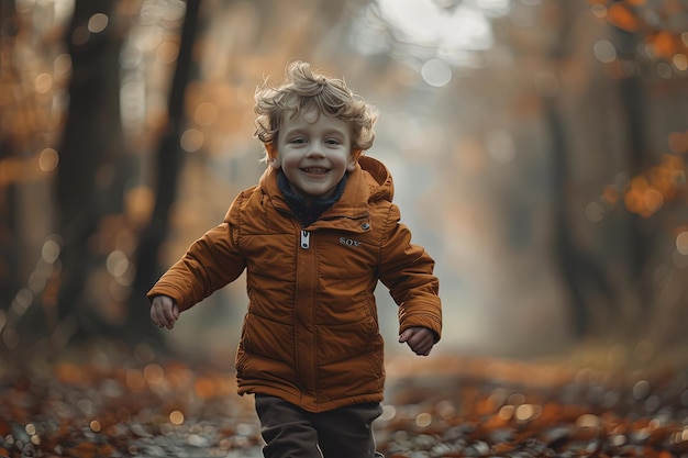 若い少年が森を駆け抜けています