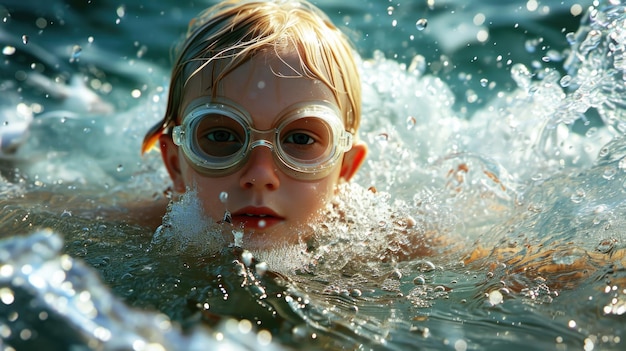 Foto si vede un ragazzino che nuota in acqua indossando occhiali da sole questa immagine può essere usata per raffigurare attività acquatiche e lezioni di nuoto