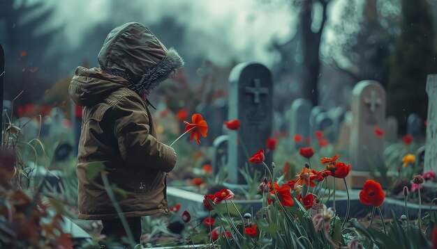 A young boy is sitting in a cemetery surrounded by red flowers