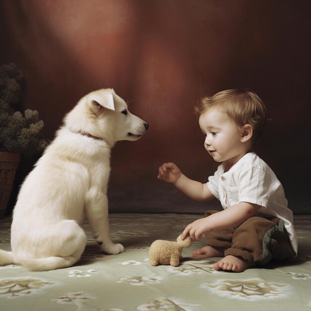 한 어린 소년이 개와 함께 바닥에 앉아 있다.