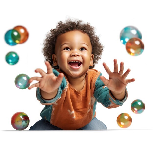 A young boy is surrounded by colorful balls and the word " bubbles "